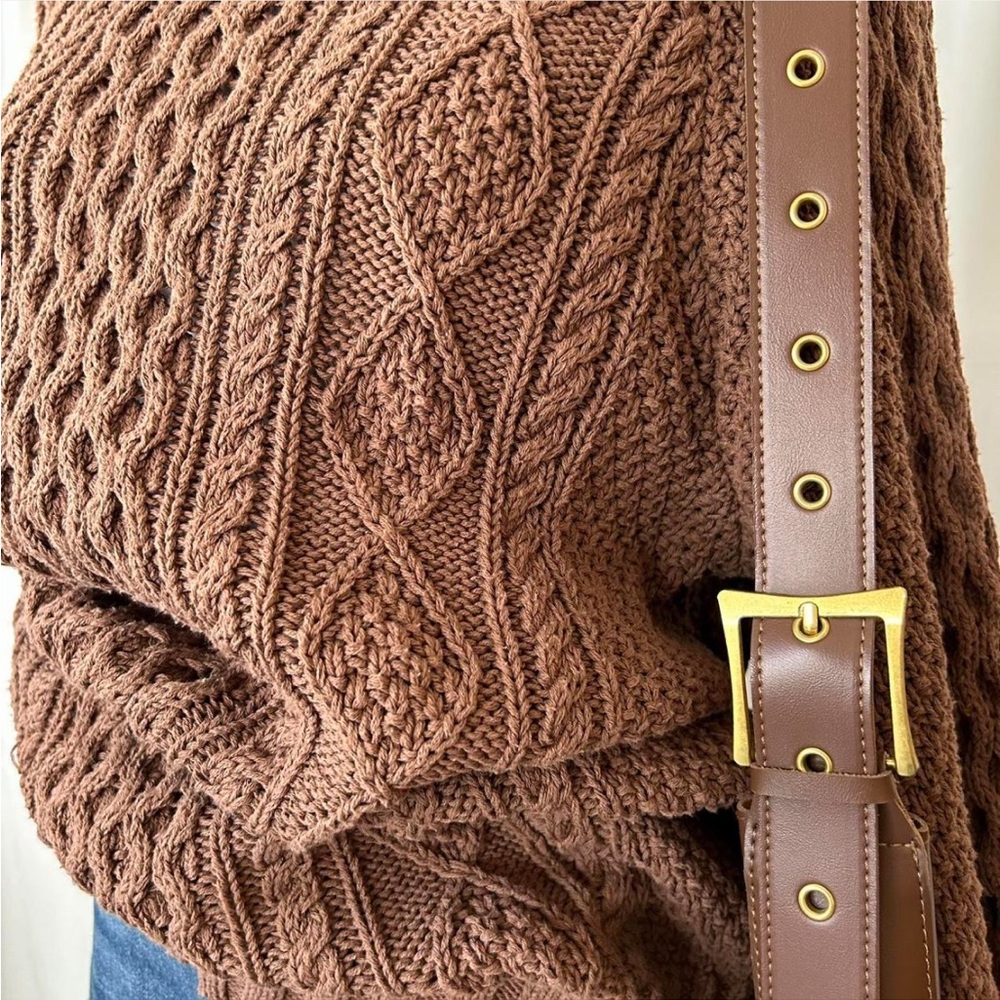 L.L. Bean Brown Cable Knit Fisherman Crewneck Sweater - Picture 3 of 7